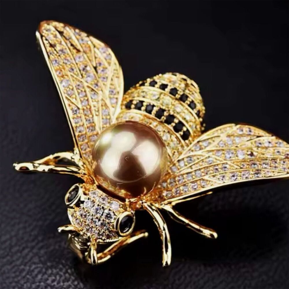 Exquisite Golden Bee Pearl Brooch Crystal Rhinestone Insect Pin